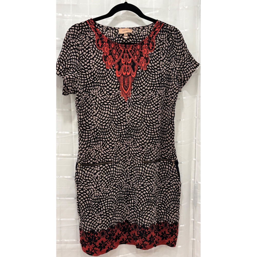 Kachel Silk Shift Dress Womens 6 Black Red Geometric Fan Print Zipper Pockets